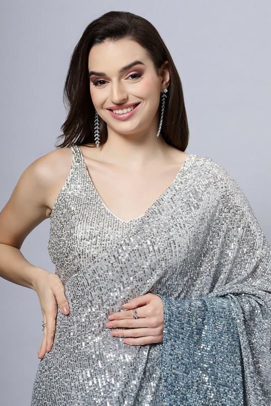 Madelyn Luxe Steel Blue Ombre Sequin One Minute Saree