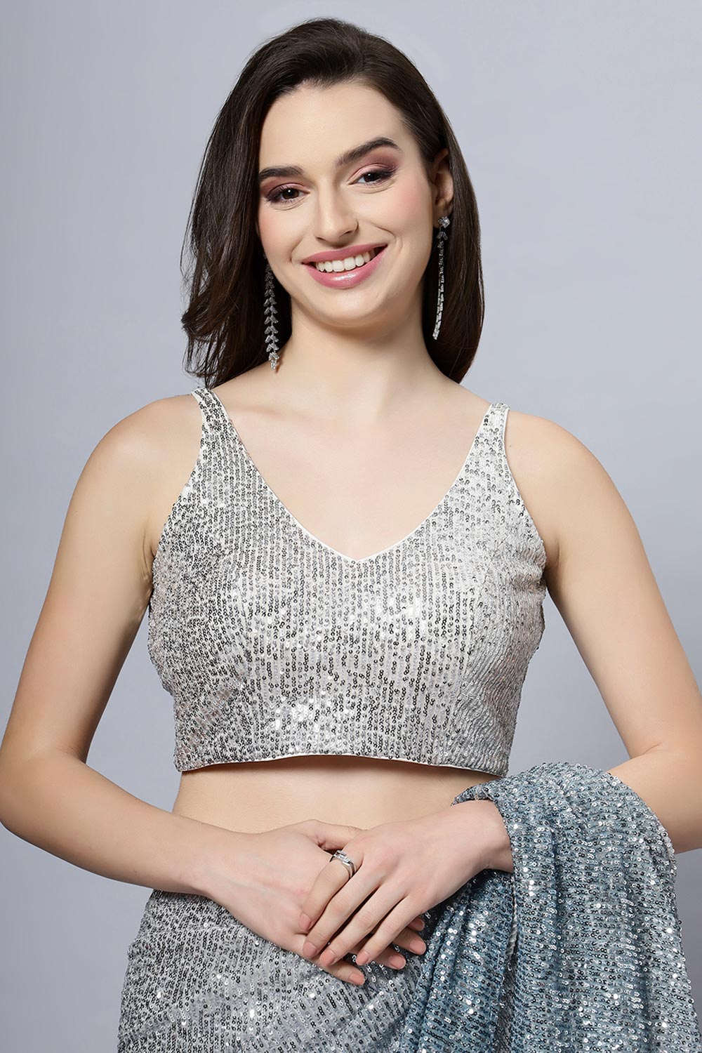 Madelyn Luxe Steel Blue Ombre Sequin One Minute Saree