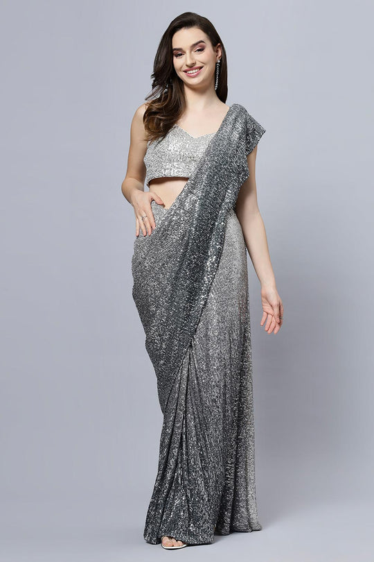 Luna Black & Grey Georgette Ombre Sequins Ready to Wear One Minute Saree