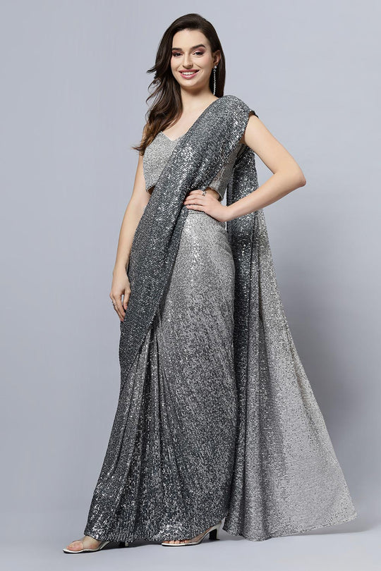 Luna Black & Grey Georgette Ombre Sequins Ready to Wear One Minute Saree