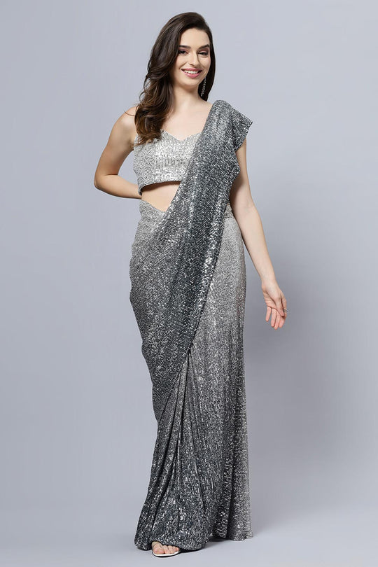 Luna Black & Grey Georgette Ombre Sequins Ready to Wear One Minute Saree