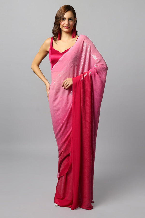 Ashley Luxe Fuscia Ombre Georgette Sequins One Minute Saree
