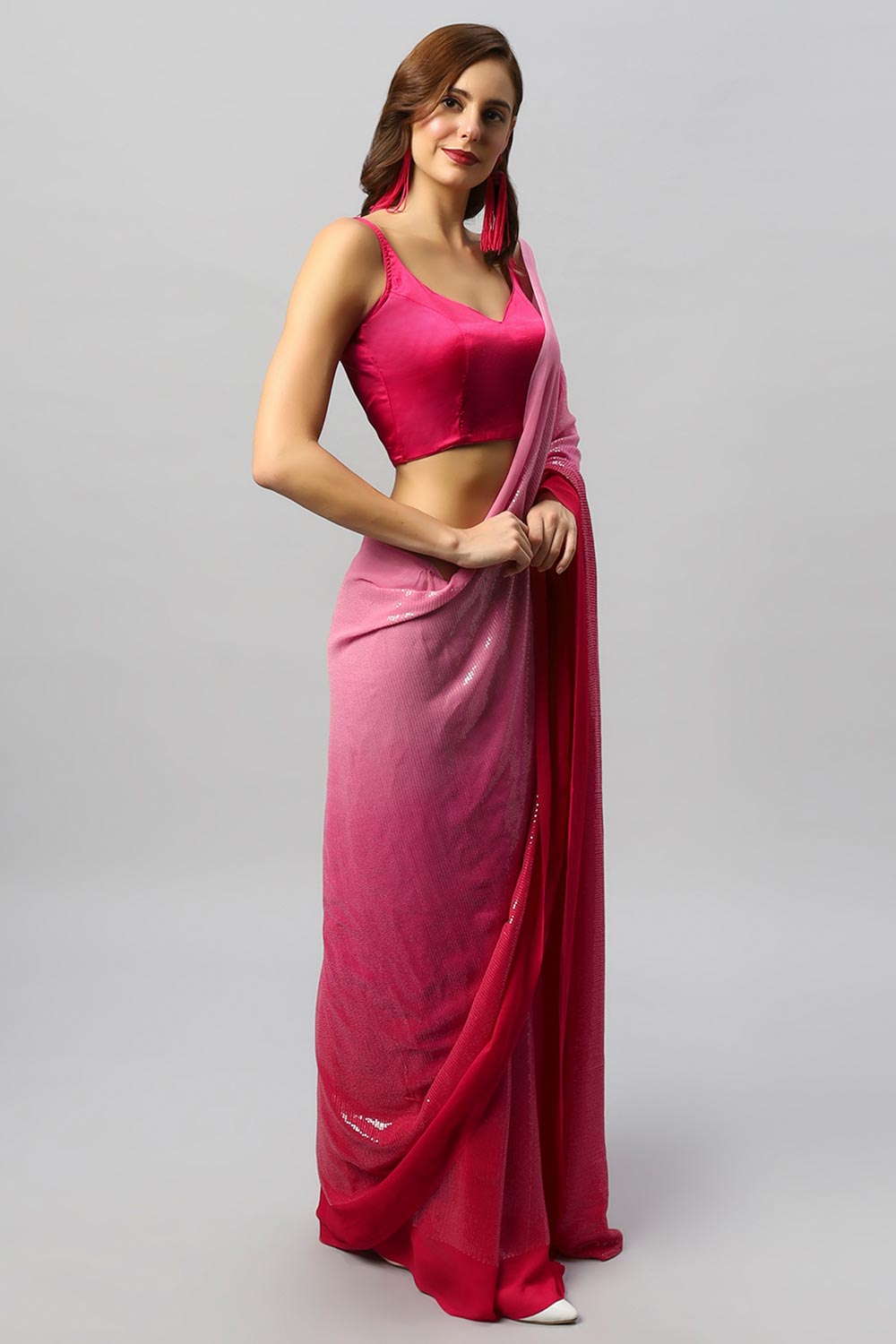 Ashley Pink Georgette Ombre Sequins Ready to Wear One Minute Saree