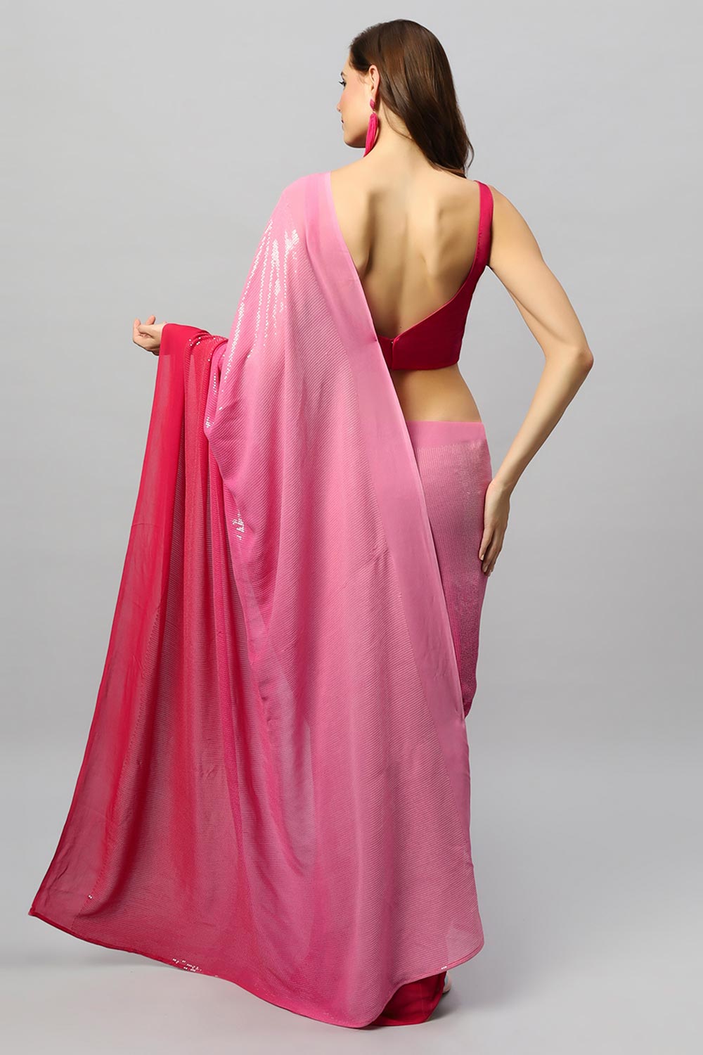 Ashley Pink Georgette Ombre Sequins Ready to Wear One Minute Saree