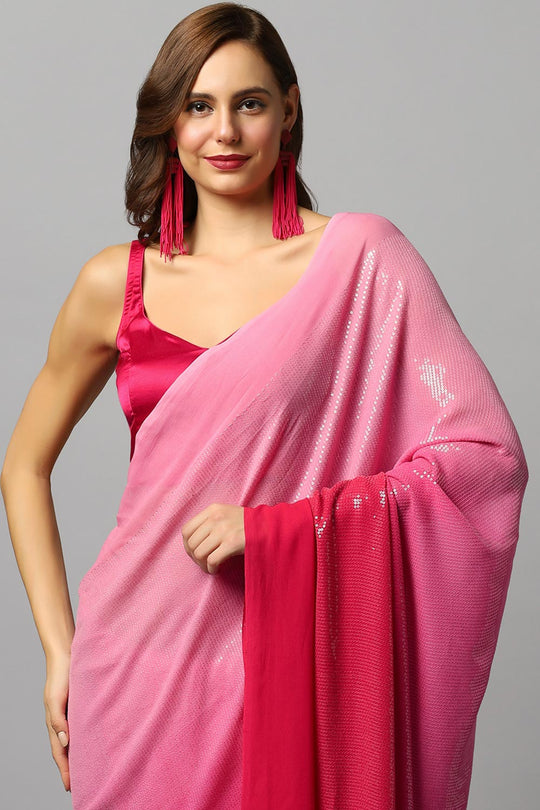 Ashley Pink Georgette Ombre Sequins Ready to Wear One Minute Saree