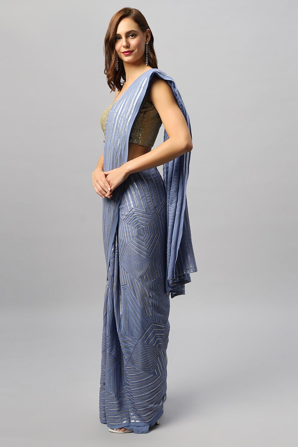 Sonam Violet Georgette Sequins Ready to Wear One Minute Saree