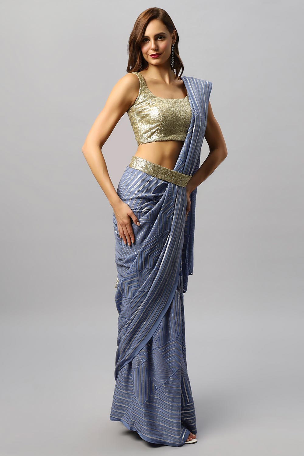 Sonam Violet Georgette Sequins Ready to Wear One Minute Saree