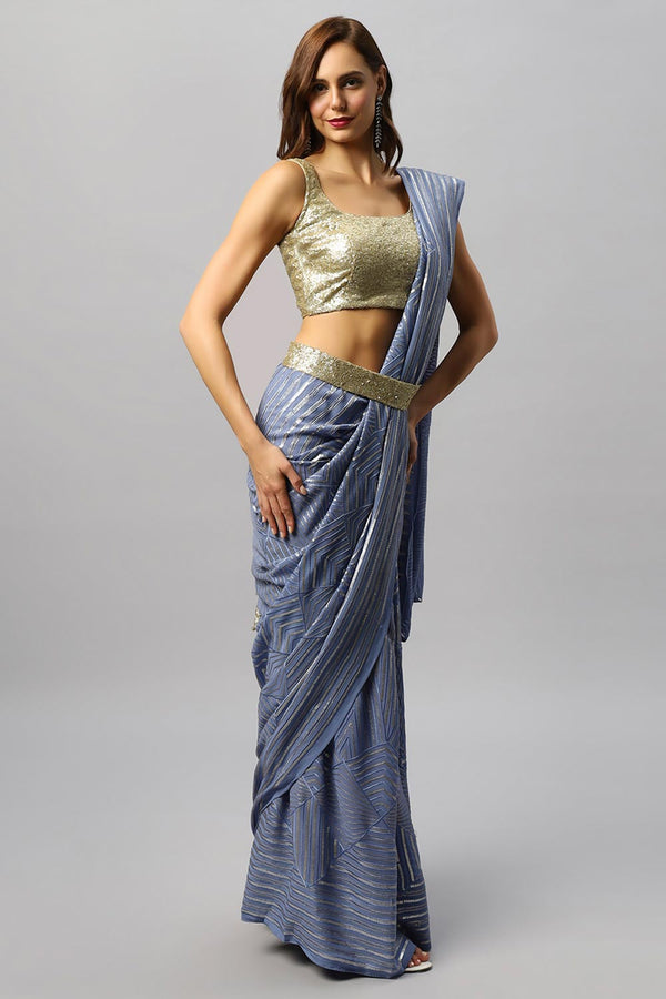 Sonam Violet Georgette Ombre Sequins Ready to Wear One Minute Saree
