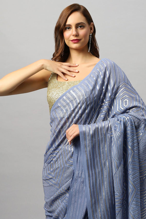 Sonam Violet Georgette Ombre Sequins Ready to Wear One Minute Saree