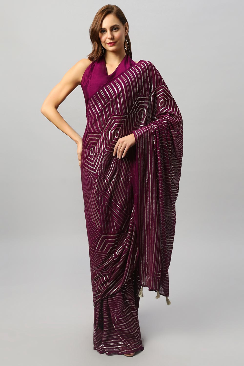 Olivia Luxe Burgundy Geometric Sequins on Georgette One Minute Saree