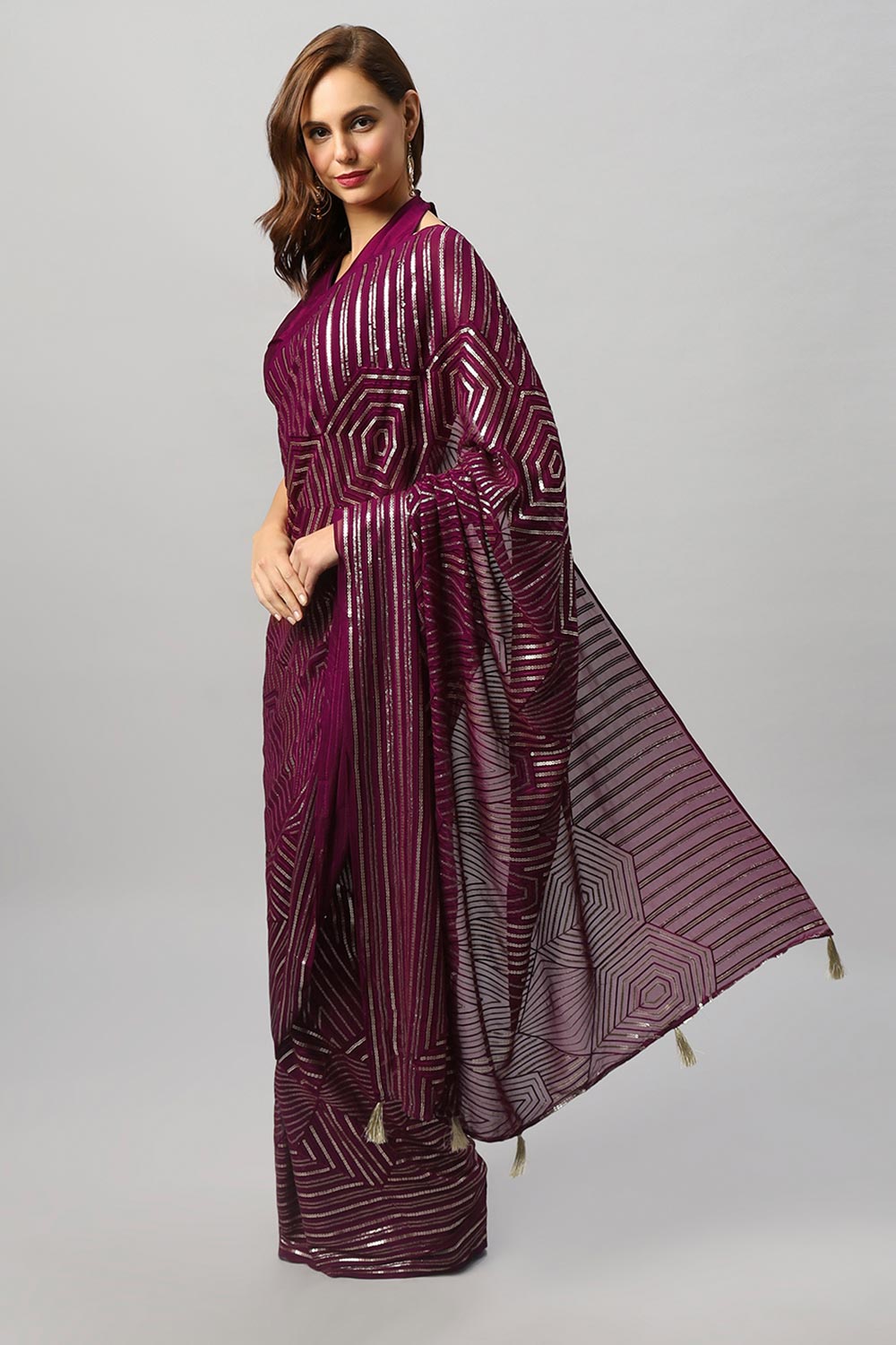 Olivia Luxe Burgundy Geometric Sequins on Georgette One Minute Saree