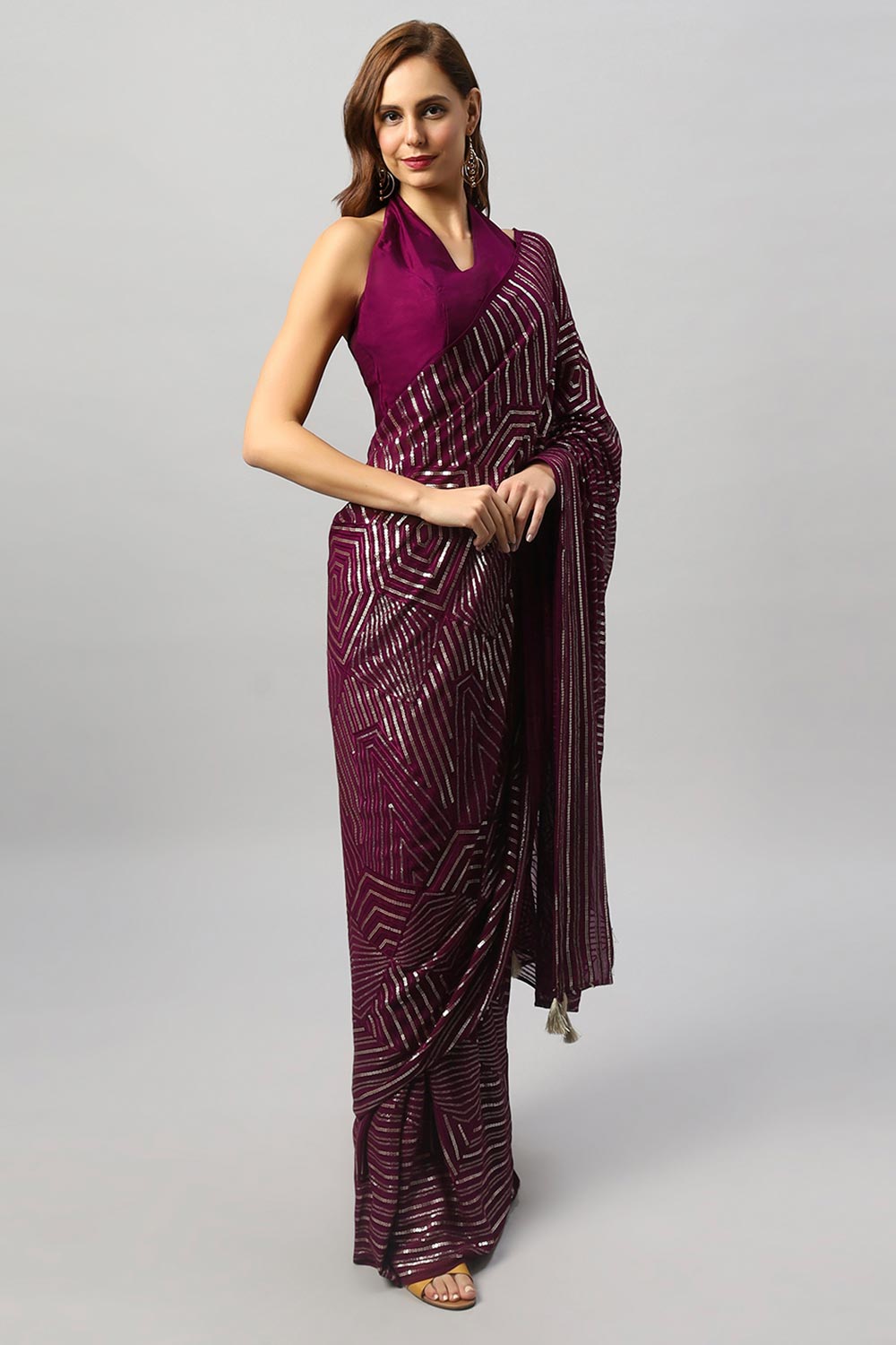 Olivia Luxe Burgundy Geometric Sequins on Georgette One Minute Saree