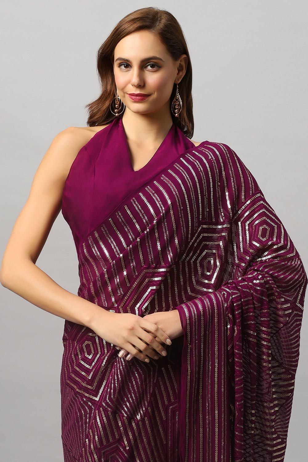 Olivia Burgundy Georgette Sequins Ready to Wear One Minute Saree