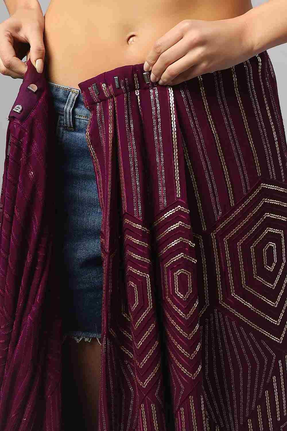 Olivia Luxe Burgundy Geometric Sequins on Georgette One Minute Saree