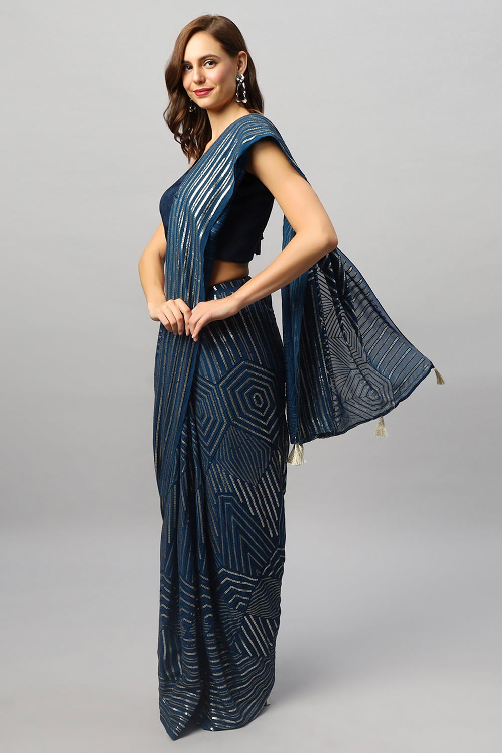 Hazel Teal Georgette Sequins Ready to Wear One Minute Saree