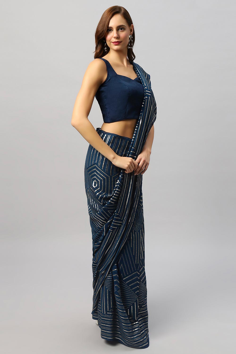 Hazel Teal Georgette Sequins Ready to Wear One Minute Saree