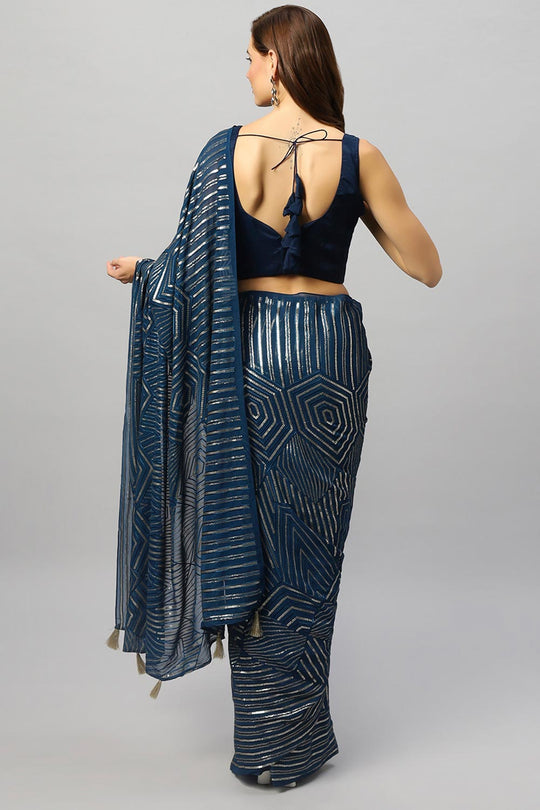 Hazel Teal Georgette Sequins Ready to Wear One Minute Saree