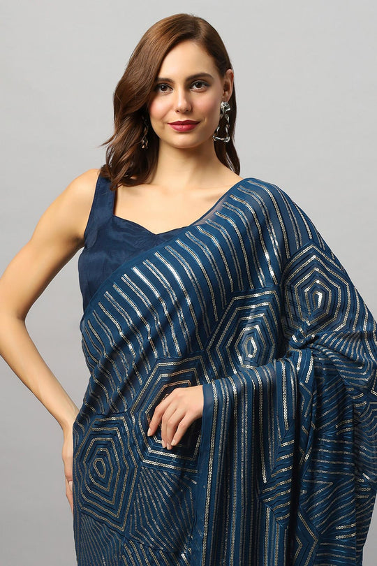 Hazel Teal Georgette Sequins Ready to Wear One Minute Saree