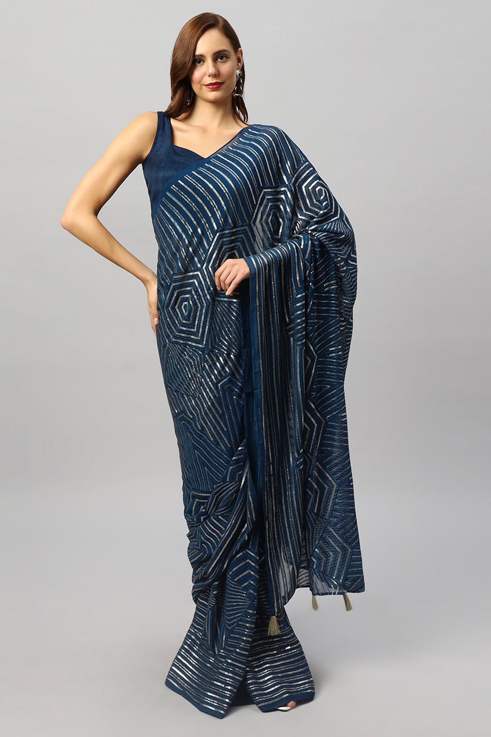 Hazel Teal Georgette Sequins Ready to Wear One Minute Saree