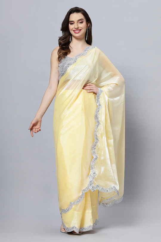 Candie Yellow Organza Scallop Border Ready to Wear One Minute Saree