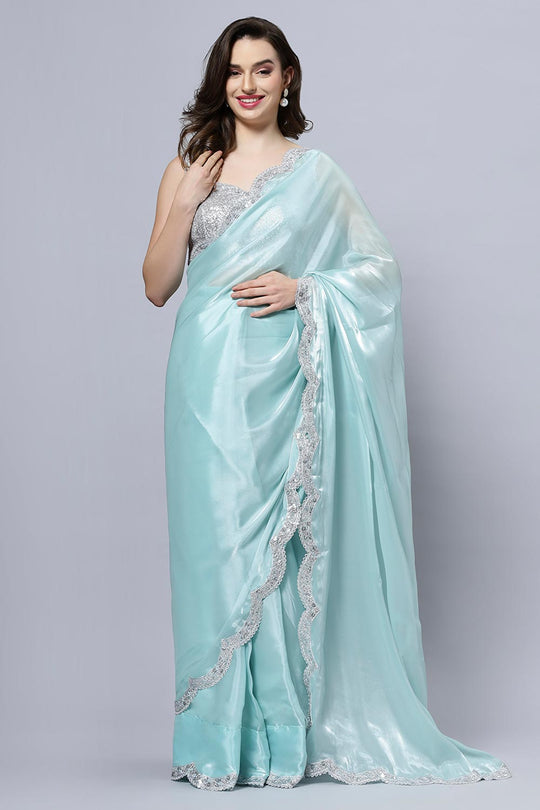 Benoite Blue Organza Scallop Border Ready to Wear One Minute Saree