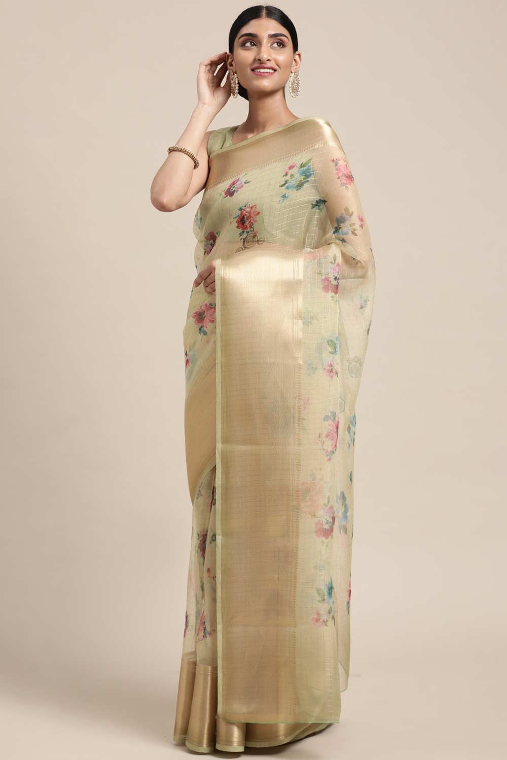 Miley Yellow Organza Floral Taant One Minute Saree