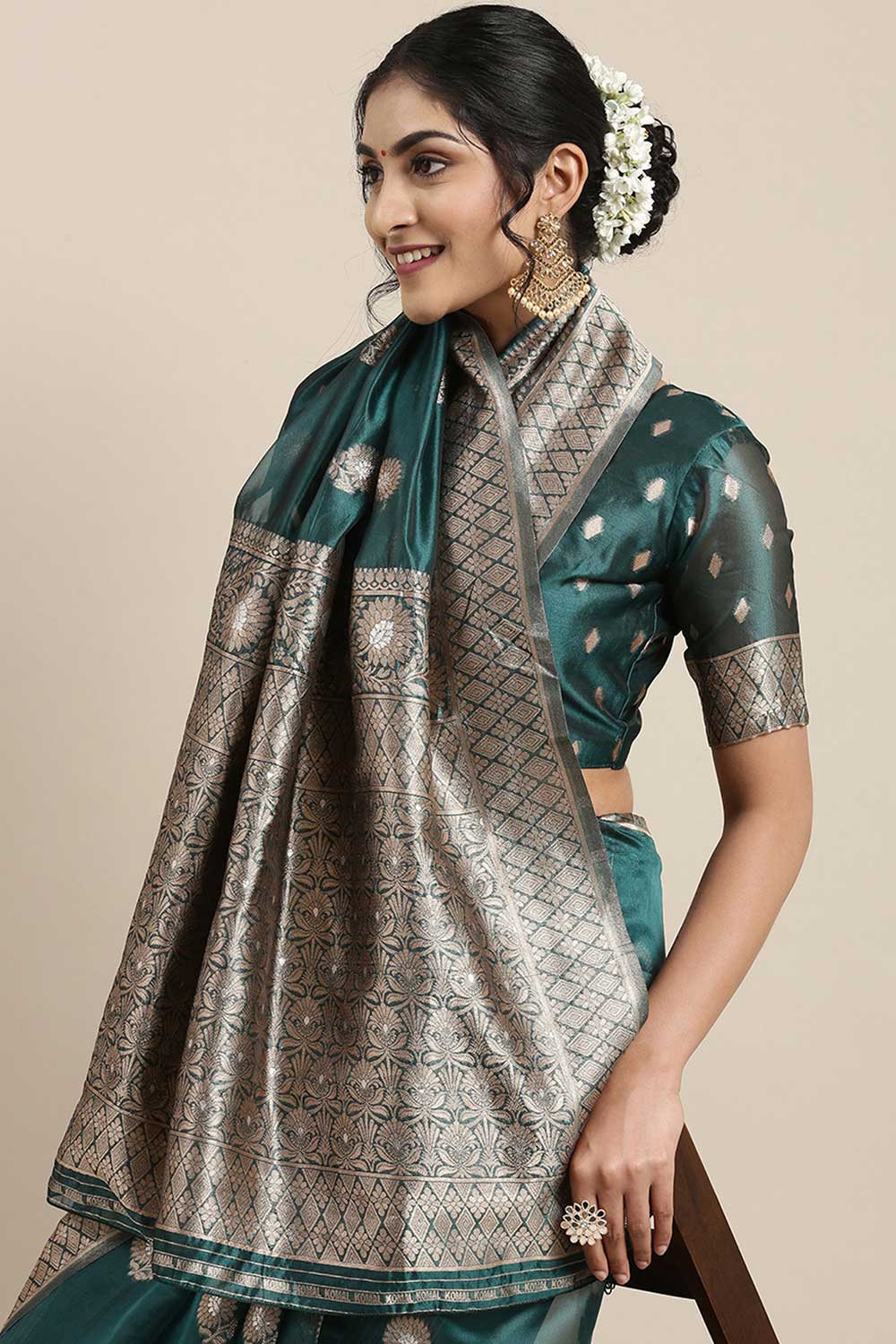 Zoe Teal Blue Floral Woven Organza One Minute Saree