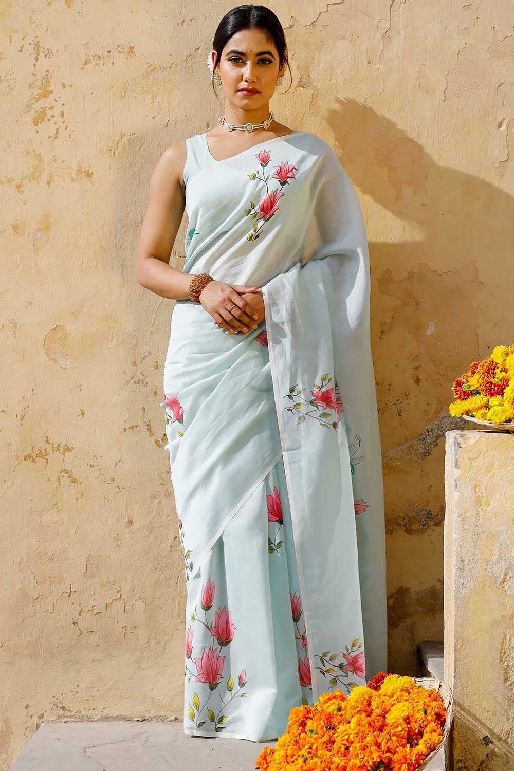 Buy Sea Green Hand Painted Chanderi One Minute Saree Online