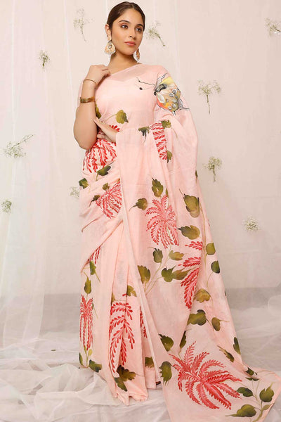 Buy Peach Hand Painted Palm Leaves Chanderi One Minute Saree Online