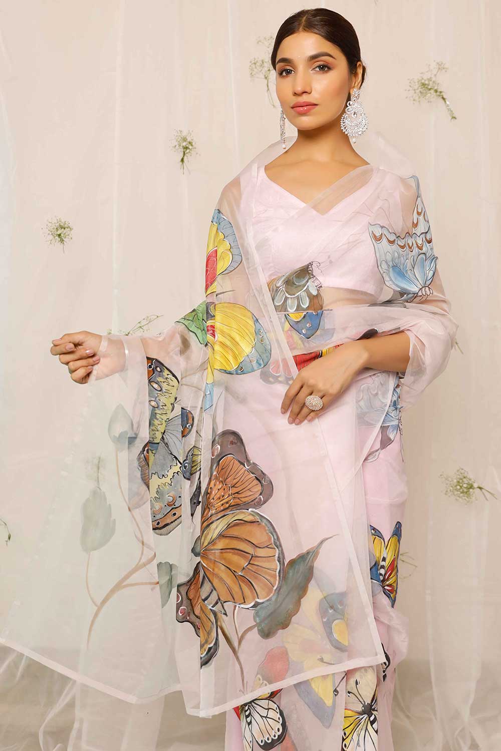 Anila Hand Painted Butterfly Light Purple Organza One Minute Saree