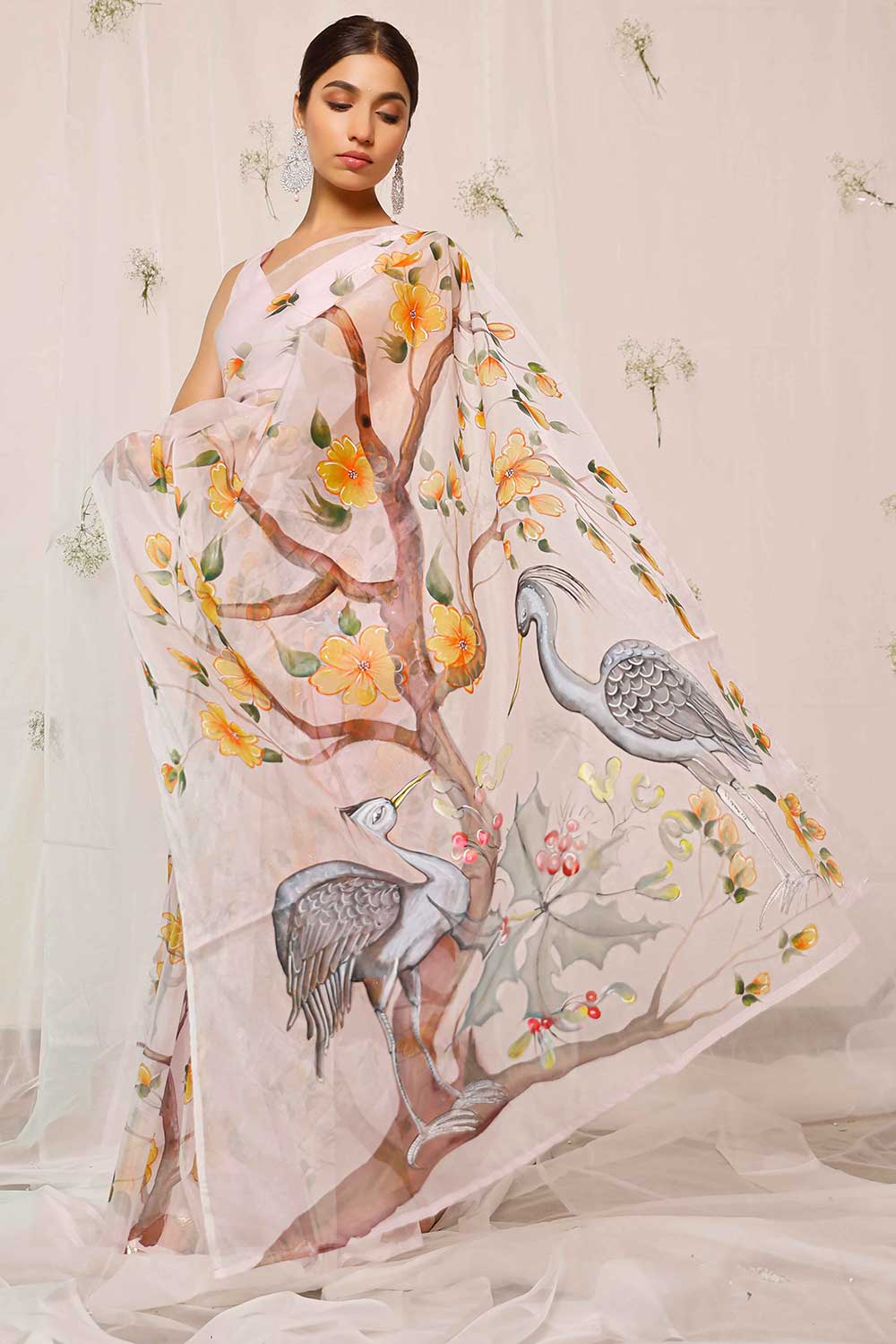 Buy Hand Painted Crane Bird With Florals On Light Purple Organza One Minute Saree Online