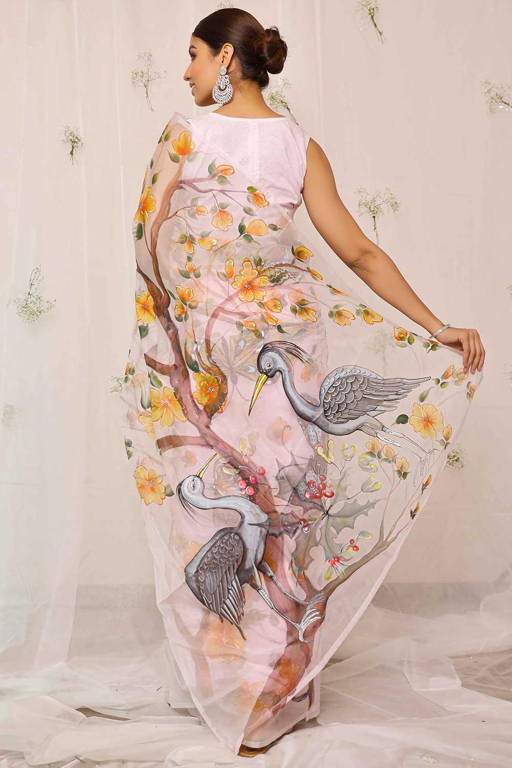 Sia Hand Painted Crane Bird With Florals On Light Purple Organza One Minute Saree