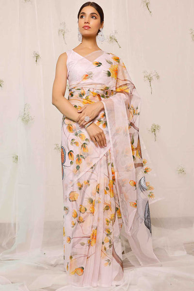 Sia Hand Painted Crane Bird With Florals On Light Purple Organza One Minute Saree
