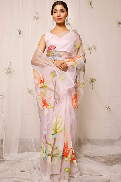 Buy Hand Painted Sparrow With Florals On Light Purple Organza One Minute Saree Online