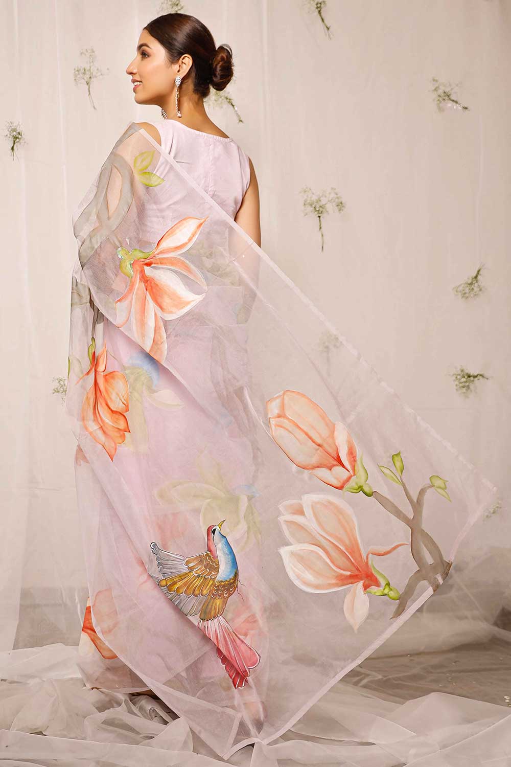 Silia Hand Painted Sparrow With Florals On Light Purple Organza One Minute Saree