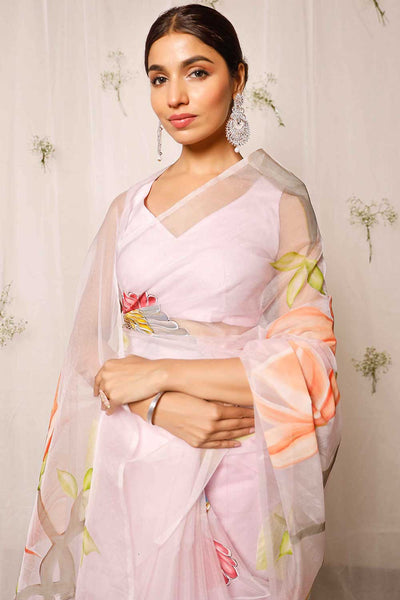 Silia Hand Painted Sparrow With Florals On Light Purple Organza One Minute Saree