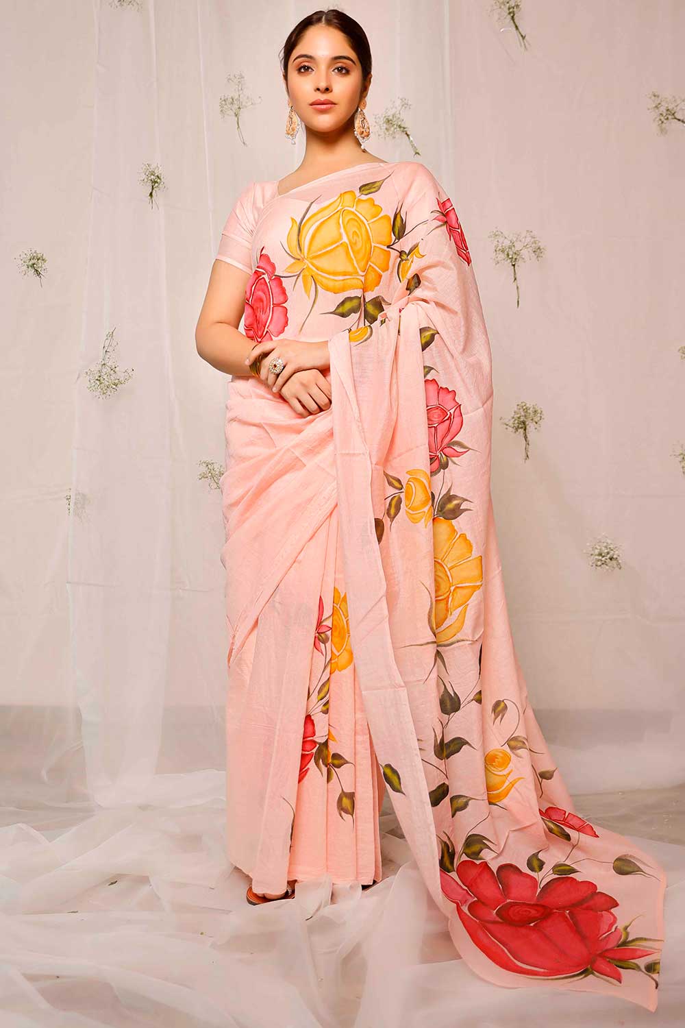 Buy Hand Painted Rose On Peach Chanderi One Minute Saree Online
