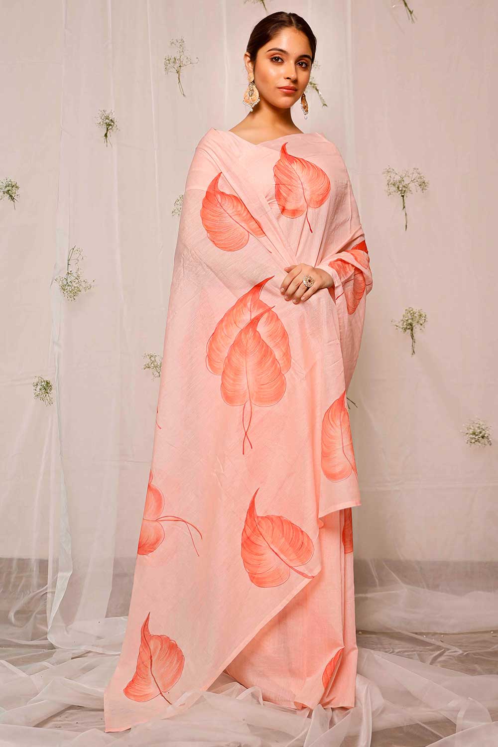Buy Hand Painted Coral Pink Coleus On Peach Chanderi One Minute Saree Online