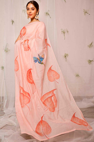 Coral Pink Coleus Hand Painted On Peach Chanderi One Minute Saree