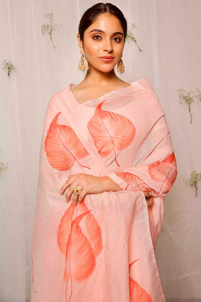 Coral Pink Coleus Hand Painted On Peach Chanderi One Minute Saree
