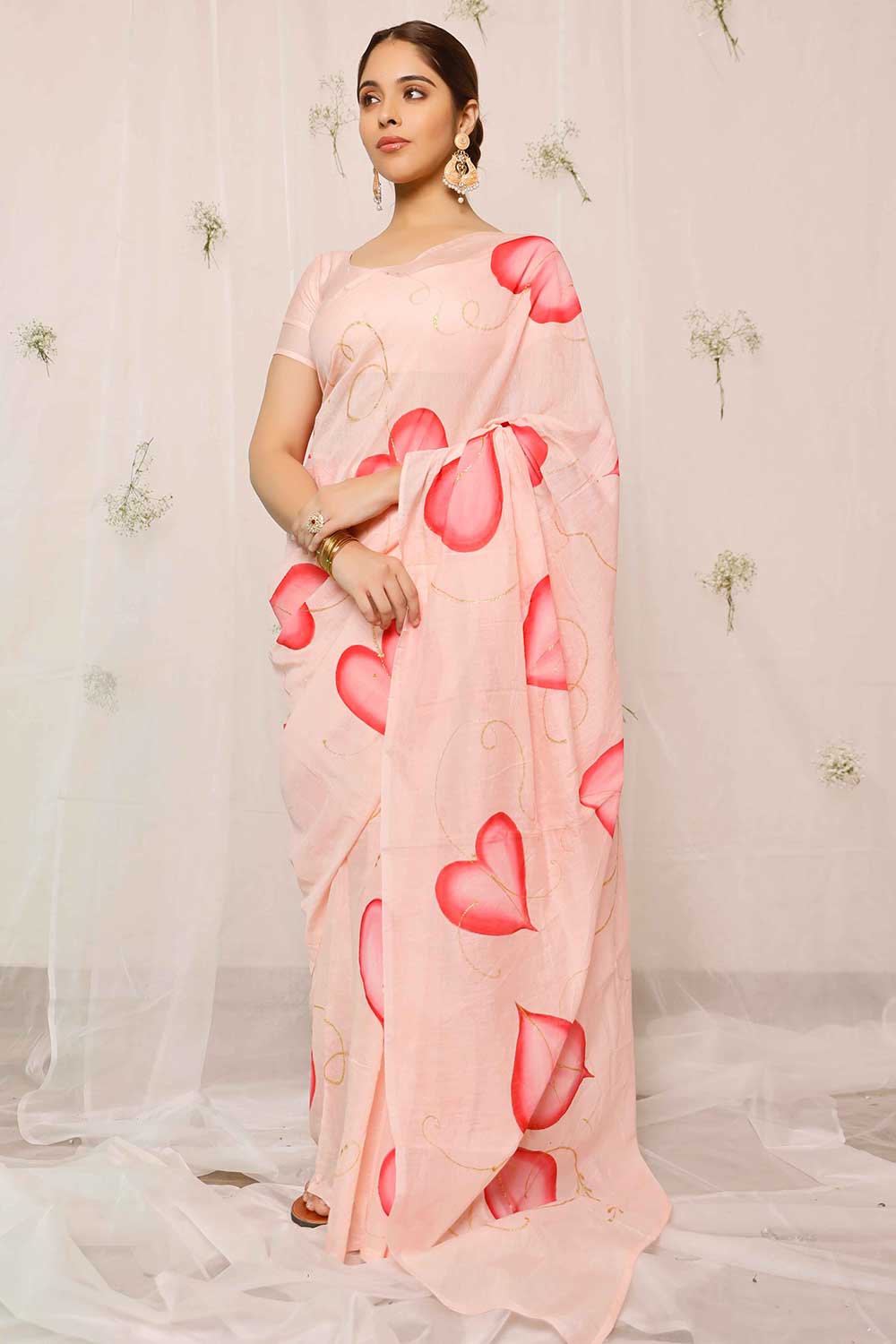 Buy Hand Painted Pink Leaves On Peach Chanderi One Minute Saree Online