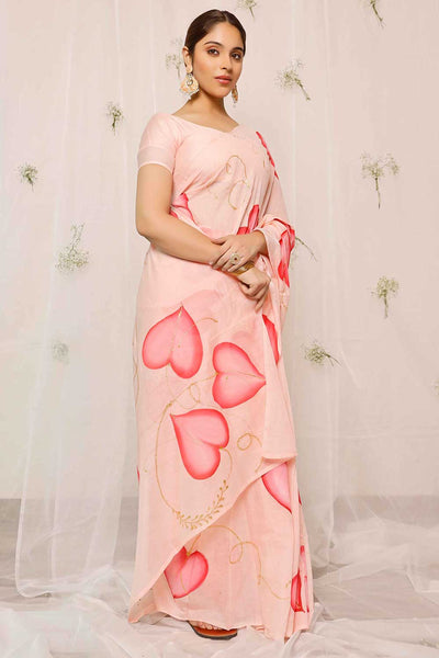 Prerna Hand Painted Pink Leaves On Peach Chanderi One Minute Saree