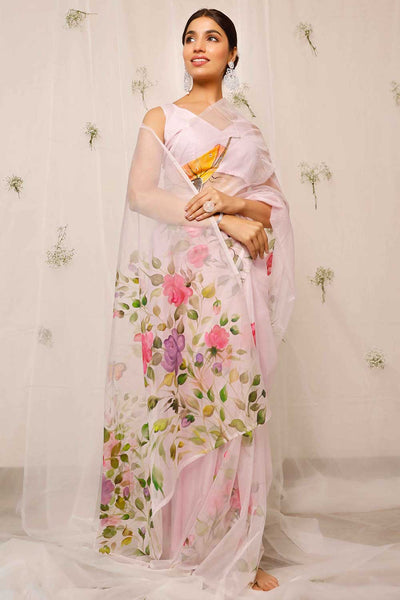 Lotus With Butterfly Hand Painted On Light Purple Organza One Minute Saree