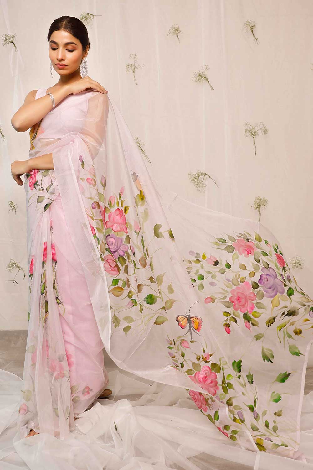 Lotus With Butterfly Hand Painted On Light Purple Organza One Minute Saree