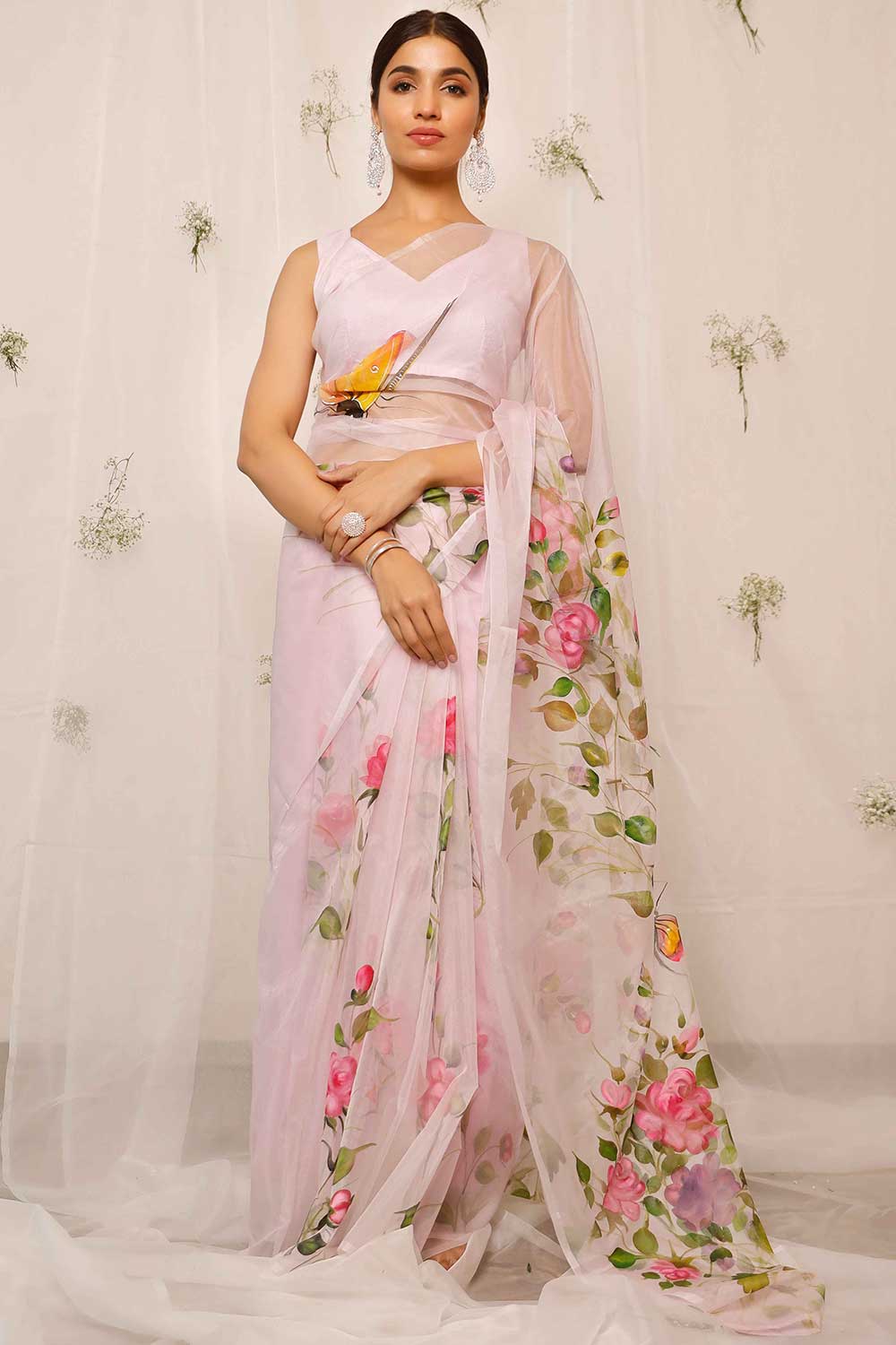 Buy Hand Painted Lotus With Butterfly On Light Purple Organza One Minute Saree Online