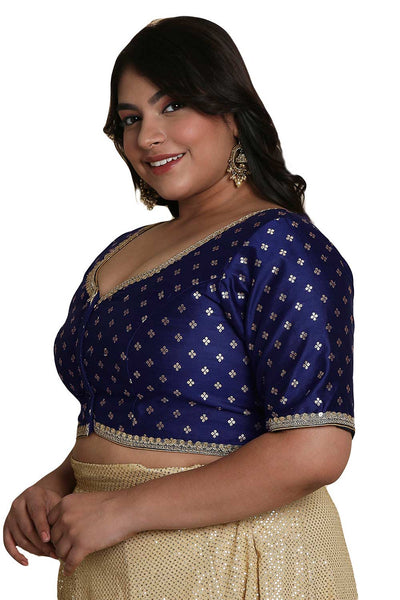 Buy Navy Blue Brocade Readymade Saree Blouse Online - One Minute Sareee