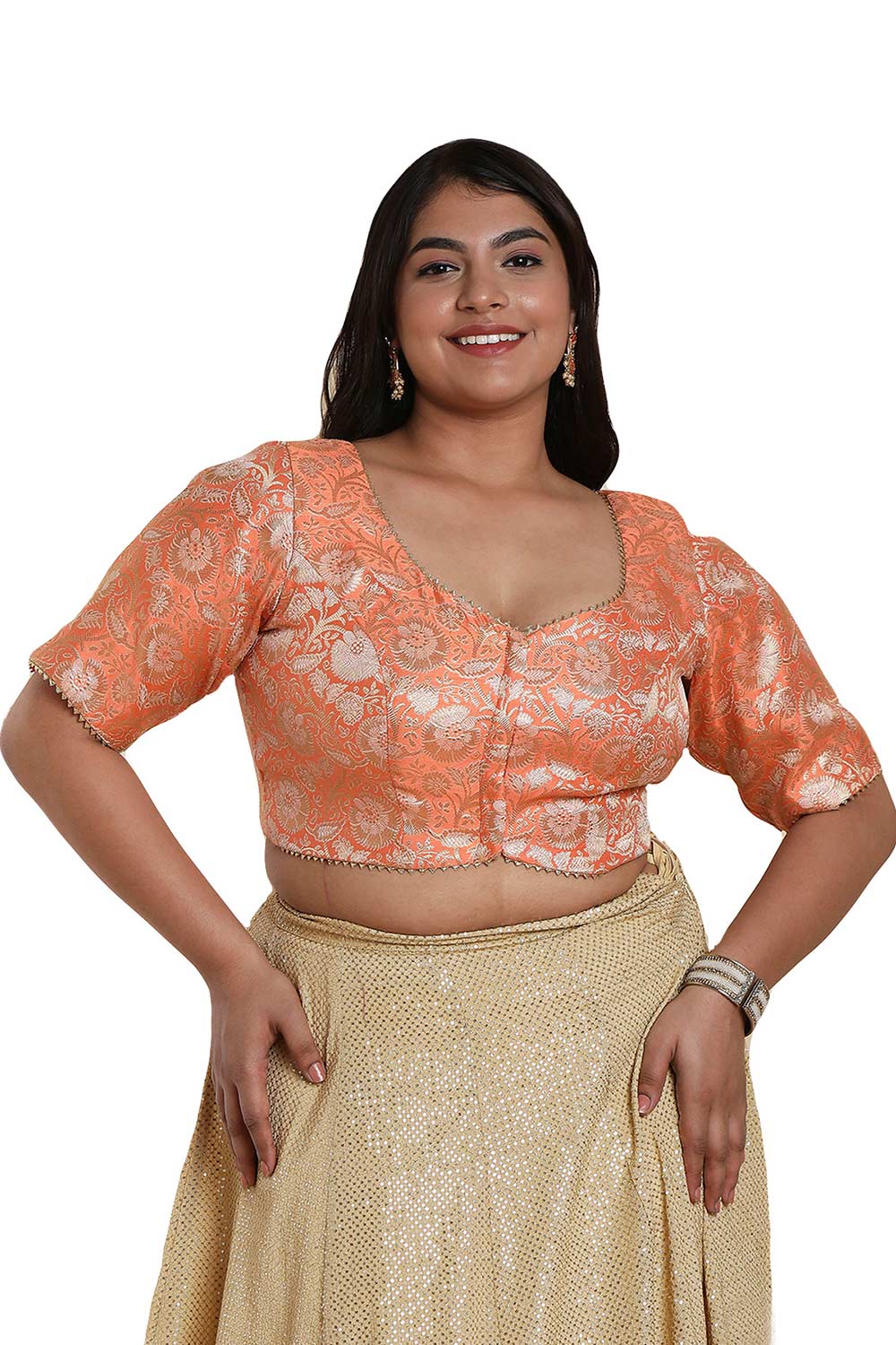 Buy Orange Brocade Readymade Saree Blouse Online - One Minute Sareee