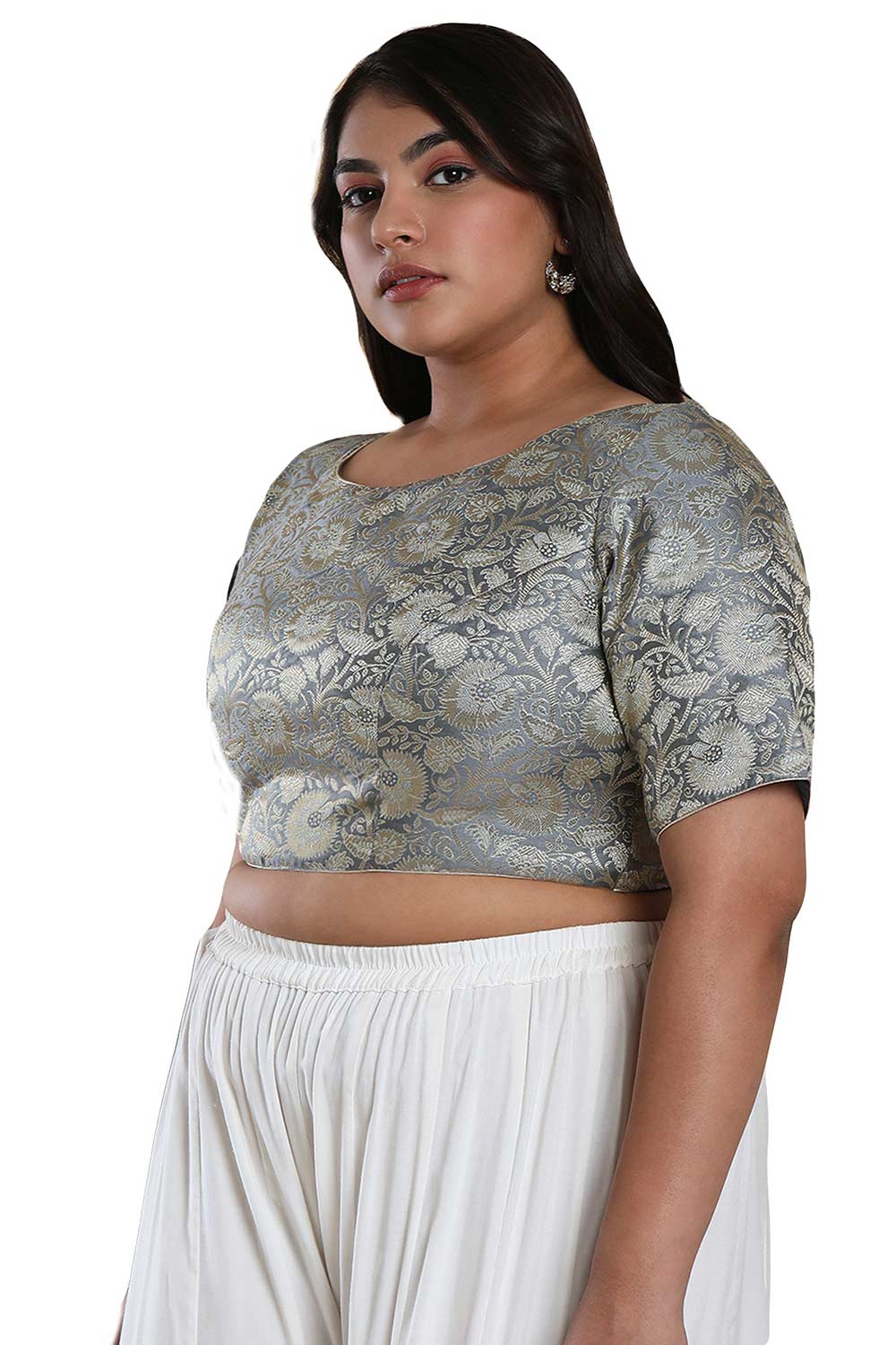 Buy Grey Brocade Readymade Saree Blouse Online - One Minute Sareee