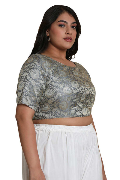 Buy Grey Brocade Readymade Saree Blouse Online - One Minute Sareee