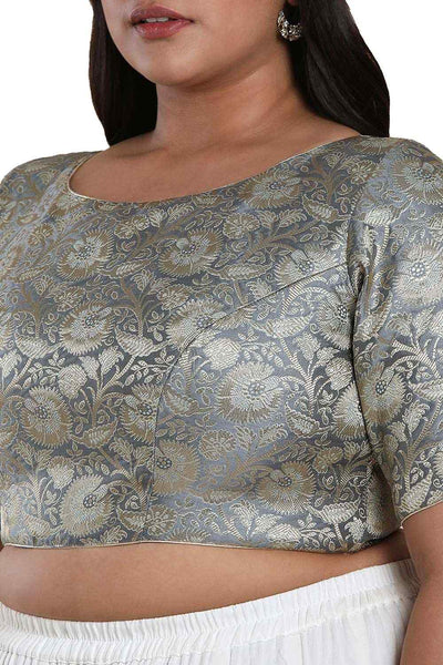 Buy Grey Brocade Readymade Saree Blouse Online - One Minute Sareee